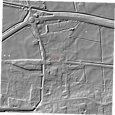 Shaded relief map of the ground around PE60QY, computed from Environment Agency LiDAR. The ground here sits at about 1 m above sea level and falls 8 m across the surrounding 800 m. Surface water reaching this point runs off ground lying to the west, 1.4 m higher.
