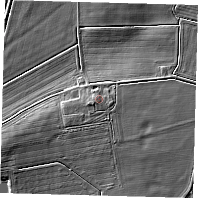 Shaded relief map of the ground around PE60RE, computed from Environment Agency LiDAR. The ground here sits at about 6 m above sea level and falls 8 m across the surrounding 800 m. Surface water reaching this point runs off ground lying to the south-west, 1.5 m higher.