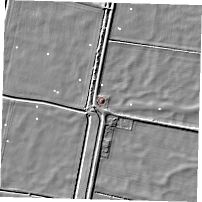 Shaded relief map of the ground around PE60RF, computed from Environment Agency LiDAR. The ground here sits at about 2 m above sea level and falls 4 m across the surrounding 800 m. Surface water reaching this point runs off ground lying to the south, 1.9 m higher.