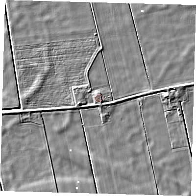 Shaded relief map of the ground around PE60RG, computed from Environment Agency LiDAR. The ground here sits at about 1 m above sea level and falls 5 m across the surrounding 800 m. Surface water reaching this point runs off ground lying to the west-south-west, 2.4 m higher.