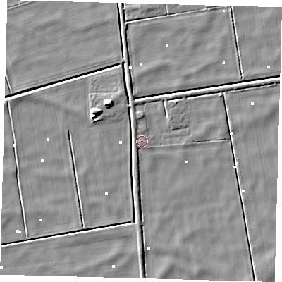 Shaded relief map of the ground around PE60RJ, computed from Environment Agency LiDAR. The ground here sits at about 1 m above sea level and falls 7 m across the surrounding 800 m. Surface water reaching this point runs off ground lying to the north-north-west, 2.8 m higher.