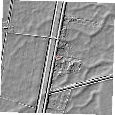 Shaded relief map of the ground around PE60RL, computed from Environment Agency LiDAR. The ground here sits at about 1 m above sea level and falls 4 m across the surrounding 800 m. Surface water reaching this point runs off ground lying to the north-west, 1.8 m higher.