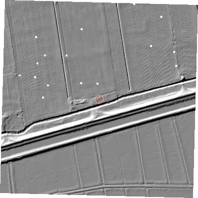 Shaded relief map of the ground around PE60RP, computed from Environment Agency LiDAR. The ground here sits at about 0 m above sea level and falls 7 m across the surrounding 800 m. Surface water reaching this point runs off ground lying to the west-south-west, 2.0 m higher.