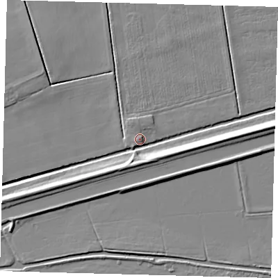 Shaded relief map of the ground around PE60RR, computed from Environment Agency LiDAR. The ground here sits at about 2 m above sea level and falls 7 m across the surrounding 800 m. Surface water reaching this point runs off ground lying to the south-south-east, 6.3 m higher.