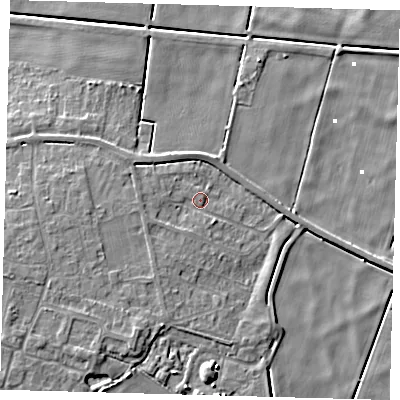 Shaded relief map of the ground around PE60RZ, computed from Environment Agency LiDAR. The ground here sits at about 2 m above sea level and falls 7 m across the surrounding 800 m. Surface water reaching this point runs off ground lying to the west-south-west, 1.9 m higher.
