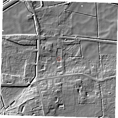 Shaded relief map of the ground around PE60SG, computed from Environment Agency LiDAR. The ground here sits at about 1 m above sea level and falls 9 m across the surrounding 800 m. Surface water reaching this point runs off ground lying to the south-south-west, 7.7 m higher.