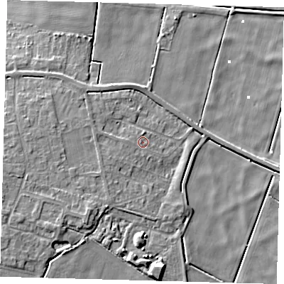 Shaded relief map of the ground around PE60SZ, computed from Environment Agency LiDAR. The ground here sits at about 2 m above sea level and falls 8 m across the surrounding 800 m. Surface water reaching this point runs off ground lying to the south-west, 3.3 m higher.