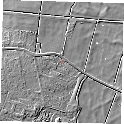 Shaded relief map of the ground around PE60TA, computed from Environment Agency LiDAR. The ground here sits at about 1 m above sea level and falls 7 m across the surrounding 800 m. Surface water reaching this point runs off ground lying to the west-north-west, 2.9 m higher.