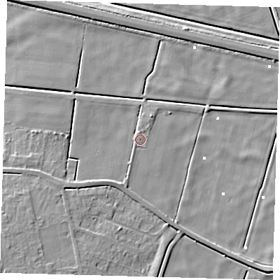 Shaded relief map of the ground around PE60TB, computed from Environment Agency LiDAR. The ground here sits at about 1 m above sea level and falls 7 m across the surrounding 800 m. Surface water reaching this point runs off ground lying to the south-west, 2.9 m higher.
