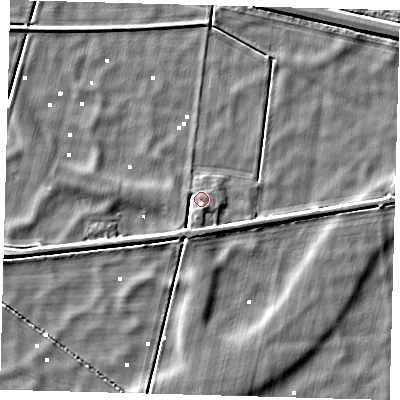 Shaded relief map of the ground around PE60TD, computed from Environment Agency LiDAR. The ground here sits at about 1 m above sea level and falls 4 m across the surrounding 800 m. Surface water reaching this point runs off ground lying to the south-south-west, 2.3 m higher.