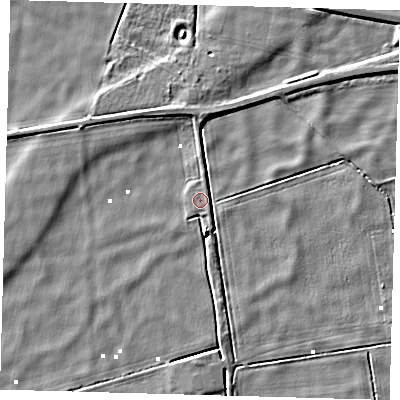 Shaded relief map of the ground around PE60TE, computed from Environment Agency LiDAR. The ground here sits at about 1 m above sea level and falls 4 m across the surrounding 800 m. Surface water reaching this point runs off ground lying to the north, 3.3 m higher.
