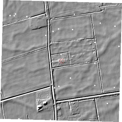 Shaded relief map of the ground around PE60TF, computed from Environment Agency LiDAR. The ground here sits at about 1 m above sea level and falls 7 m across the surrounding 800 m. Surface water reaching this point runs off ground lying to the east-south-east, 1.0 m higher.