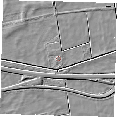 Shaded relief map of the ground around PE60TG, computed from Environment Agency LiDAR. The ground here sits at about 1 m above sea level and falls 5 m across the surrounding 800 m. Surface water reaching this point runs off ground lying to the west-south-west, 1.2 m higher.