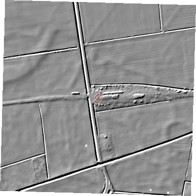 Shaded relief map of the ground around PE60TH, computed from Environment Agency LiDAR. The ground here sits at about 2 m above sea level and falls 5 m across the surrounding 800 m. Surface water reaching this point runs off ground lying to the east, 1.3 m higher.