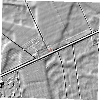 Shaded relief map of the ground around PE60TJ, computed from Environment Agency LiDAR. The ground here sits at about 2 m above sea level and falls 4 m across the surrounding 800 m. Surface water reaching this point runs off ground lying to the west, 1.3 m higher.