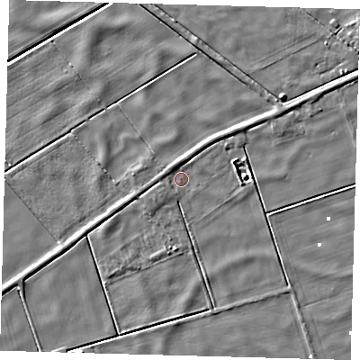 Shaded relief map of the ground around PE60TL, computed from Environment Agency LiDAR. The ground here sits at about 1 m above sea level and falls 4 m across the surrounding 800 m. Surface water reaching this point runs off ground lying to the north-north-west, 1.4 m higher.