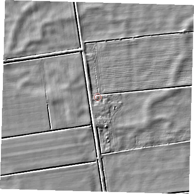 Shaded relief map of the ground around PE60TP, computed from Environment Agency LiDAR. The ground here sits at about 1 m above sea level and falls 4 m across the surrounding 800 m. Surface water reaching this point runs off ground lying to the south-south-west, 1.8 m higher.