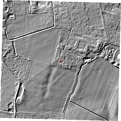 Shaded relief map of the ground around PE60TR, computed from Environment Agency LiDAR. The ground here sits at about 5 m above sea level and falls 7 m across the surrounding 800 m. Surface water reaching this point runs off ground lying to the west-south-west, 0.8 m higher.
