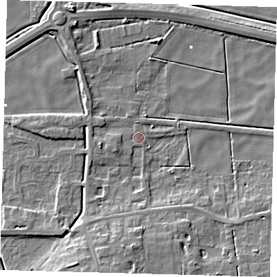Shaded relief map of the ground around PE60TT, computed from Environment Agency LiDAR. The ground here sits at about 1 m above sea level and falls 9 m across the surrounding 800 m. Surface water reaching this point runs off ground lying to the south, 7.7 m higher.