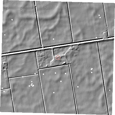 Shaded relief map of the ground around PE60TX, computed from Environment Agency LiDAR. The ground here sits at about 1 m above sea level and falls 5 m across the surrounding 800 m. Surface water reaching this point runs off ground lying to the east-north-east, 1.4 m higher.