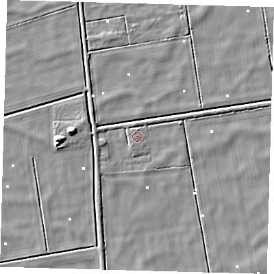 Shaded relief map of the ground around PE60TY, computed from Environment Agency LiDAR. The ground here sits at about 1 m above sea level and falls 7 m across the surrounding 800 m. Surface water reaching this point runs off ground lying to the south-south-west, 0.8 m higher.