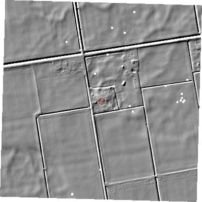 Shaded relief map of the ground around PE60TZ, computed from Environment Agency LiDAR. The ground here sits at about 1 m above sea level and falls 4 m across the surrounding 800 m. Surface water reaching this point runs off ground lying to the west-south-west, 1.2 m higher.