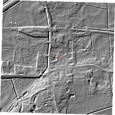 Shaded relief map of the ground around PE60UA, computed from Environment Agency LiDAR. The ground here sits at about 2 m above sea level and falls 9 m across the surrounding 800 m. Surface water reaching this point runs off ground lying to the south-south-west, 2.8 m higher.