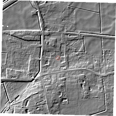 Shaded relief map of the ground around PE60UB, computed from Environment Agency LiDAR. The ground here sits at about 1 m above sea level and falls 9 m across the surrounding 800 m. Surface water reaching this point runs off ground lying to the south, 7.0 m higher.