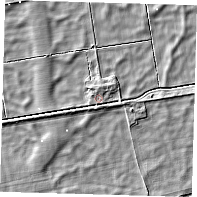 Shaded relief map of the ground around PE60UD, computed from Environment Agency LiDAR. The ground here sits at about -0 m above sea level and falls 4 m across the surrounding 800 m. Surface water reaching this point runs off ground lying to the south, 3.1 m higher.