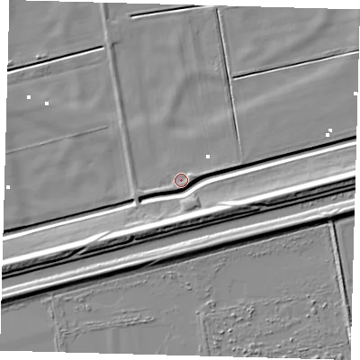 Shaded relief map of the ground around PE60UG, computed from Environment Agency LiDAR. The ground here sits at about 1 m above sea level and falls 8 m across the surrounding 800 m. Surface water reaching this point runs off ground lying to the south, 8.4 m higher.