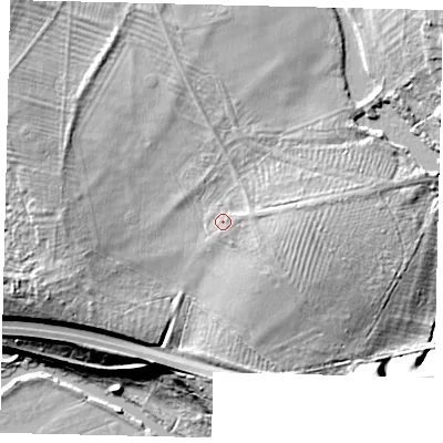Shaded relief map of the ground around PE67AB, computed from Environment Agency LiDAR. The ground here sits at about 21 m above sea level and falls 22 m across the surrounding 800 m. Surface water reaching this point runs off ground lying to the south-south-east, 0.7 m higher.