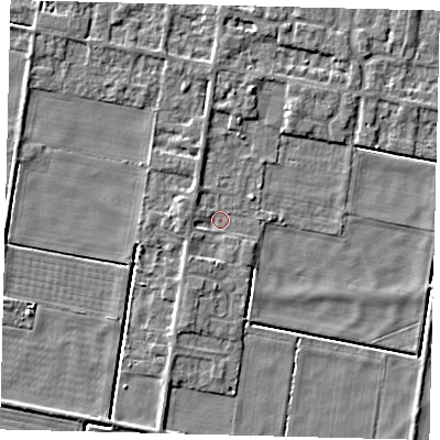Shaded relief map of the ground around PE67AJ, computed from Environment Agency LiDAR. The ground here sits at about 1 m above sea level and falls 4 m across the surrounding 800 m. Surface water reaching this point runs off ground lying to the west, 1.6 m higher.