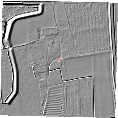 Shaded relief map of the ground around PE67DA, computed from Environment Agency LiDAR. The ground here sits at about 7 m above sea level and falls 9 m across the surrounding 800 m. Surface water reaching this point runs off ground lying to the west-north-west, 5.9 m higher.