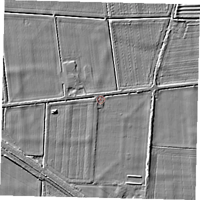 Shaded relief map of the ground around PE67DE, computed from Environment Agency LiDAR. The ground here sits at about 8 m above sea level and falls 5 m across the surrounding 800 m. Surface water reaching this point runs off ground lying to the west, 1.5 m higher.