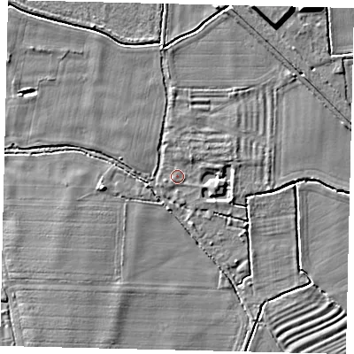 Shaded relief map of the ground around PE67HA, computed from Environment Agency LiDAR. The ground here sits at about 7 m above sea level and falls 5 m across the surrounding 800 m. Surface water reaching this point runs off ground lying to the east, 1.7 m higher.