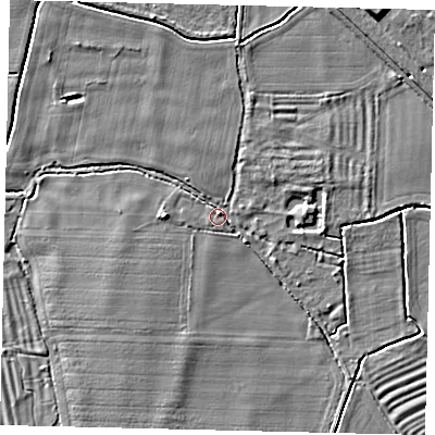 Shaded relief map of the ground around PE67HP, computed from Environment Agency LiDAR. The ground here sits at about 7 m above sea level and falls 5 m across the surrounding 800 m. Surface water reaching this point runs off ground lying to the west, 4.3 m higher.