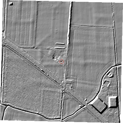 Shaded relief map of the ground around PE67HR, computed from Environment Agency LiDAR. The ground here sits at about 8 m above sea level and falls 6 m across the surrounding 800 m. Surface water reaching this point runs off ground lying to the west-south-west, 3.2 m higher.