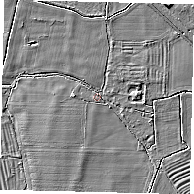 Shaded relief map of the ground around PE67HW, computed from Environment Agency LiDAR. The ground here sits at about 8 m above sea level and falls 5 m across the surrounding 800 m. Surface water reaching this point runs off ground lying to the west, 4.3 m higher.