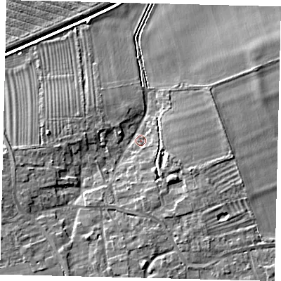 Shaded relief map of the ground around PE67JL, computed from Environment Agency LiDAR. The ground here sits at about 7 m above sea level and falls 8 m across the surrounding 800 m. Surface water reaching this point runs off ground lying to the south, 4.8 m higher.
