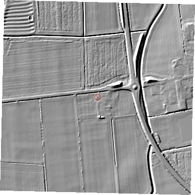 Shaded relief map of the ground around PE67JZ, computed from Environment Agency LiDAR. The ground here sits at about 7 m above sea level and falls 7 m across the surrounding 800 m. Surface water reaching this point runs off ground lying to the west, 1.3 m higher.