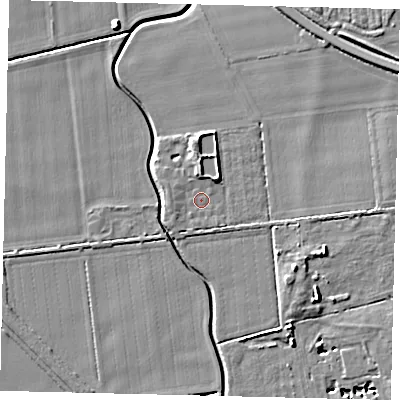 Shaded relief map of the ground around PE67LP, computed from Environment Agency LiDAR. The ground here sits at about 7 m above sea level and falls 7 m across the surrounding 800 m. Surface water reaching this point runs off ground lying to the north, 2.3 m higher.