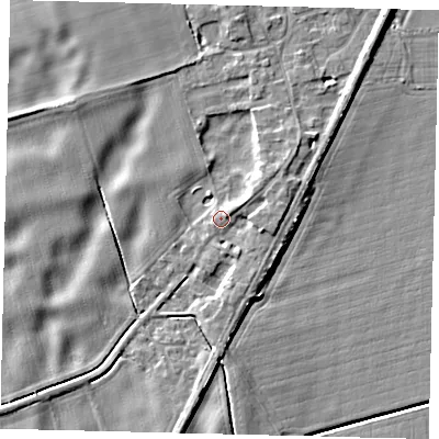 Shaded relief map of the ground around PE67NF, computed from Environment Agency LiDAR. The ground here sits at about 7 m above sea level and falls 8 m across the surrounding 800 m. Surface water reaching this point runs off ground lying to the north-west, 4.2 m higher.