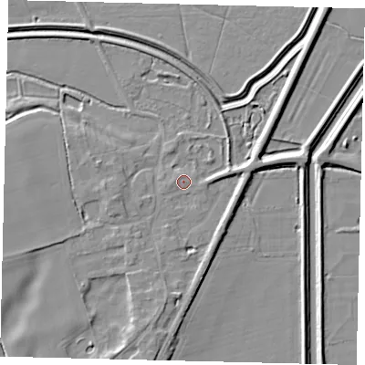 Shaded relief map of the ground around PE67NR, computed from Environment Agency LiDAR. The ground here sits at about 6 m above sea level and falls 6 m across the surrounding 800 m. Surface water reaching this point runs off ground lying to the west-south-west, 3.8 m higher.