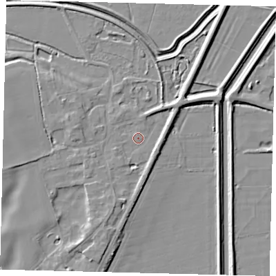Shaded relief map of the ground around PE67NS, computed from Environment Agency LiDAR. The ground here sits at about 6 m above sea level and falls 6 m across the surrounding 800 m. Surface water reaching this point runs off ground lying to the south-south-west, 3.5 m higher.