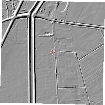 Shaded relief map of the ground around PE67NX, computed from Environment Agency LiDAR. The ground here sits at about 4 m above sea level and falls 5 m across the surrounding 800 m. The ground contributing surface water to this point lies to the south-east.