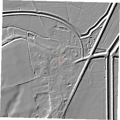 Shaded relief map of the ground around PE67NY, computed from Environment Agency LiDAR. The ground here sits at about 6 m above sea level and falls 6 m across the surrounding 800 m. Surface water reaching this point runs off ground lying to the west-south-west, 2.9 m higher.