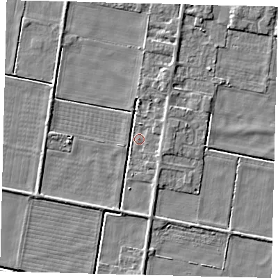 Shaded relief map of the ground around PE67PB, computed from Environment Agency LiDAR. The ground here sits at about 1 m above sea level and falls 3 m across the surrounding 800 m. Surface water reaching this point runs off ground lying to the east-south-east, 3.3 m higher.