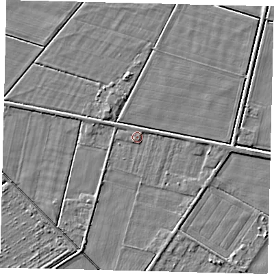 Shaded relief map of the ground around PE67PJ, computed from Environment Agency LiDAR. The ground here sits at about 4 m above sea level and falls 4 m across the surrounding 800 m. Surface water reaching this point runs off ground lying to the south-south-east, 1.2 m higher.