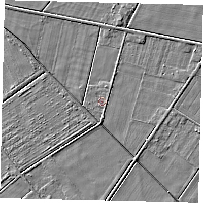 Shaded relief map of the ground around PE67PL, computed from Environment Agency LiDAR. The ground here sits at about 3 m above sea level and falls 3 m across the surrounding 800 m. Surface water reaching this point runs off ground lying to the south, 2.6 m higher.