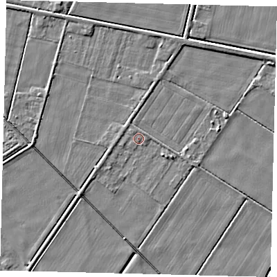 Shaded relief map of the ground around PE67PR, computed from Environment Agency LiDAR. The ground here sits at about 3 m above sea level and falls 4 m across the surrounding 800 m. Surface water reaching this point runs off ground lying to the west, 0.7 m higher.